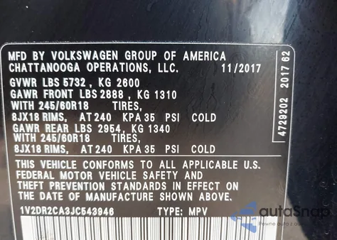 2018 Volkswagen Atlas 3.6L V6 Se/3.6L V6 Se W/Technology из США, поврежденный, VIN 1V2DR2CA3JC543946